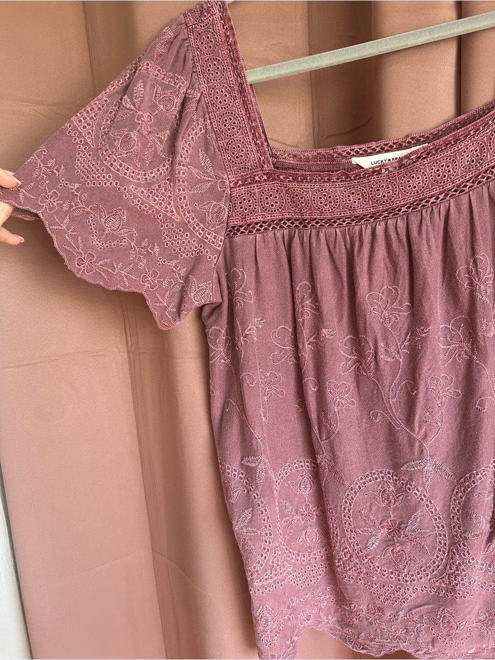 Like New Lucky Brand Dusty Mauve Embroidered Square-Neck Top
